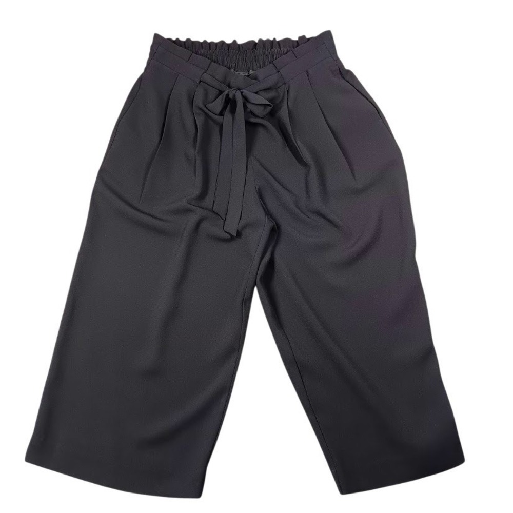Worthington Pants Womens PS Black Paperbag Waist Wide Leg Cropped Belted Pull On
